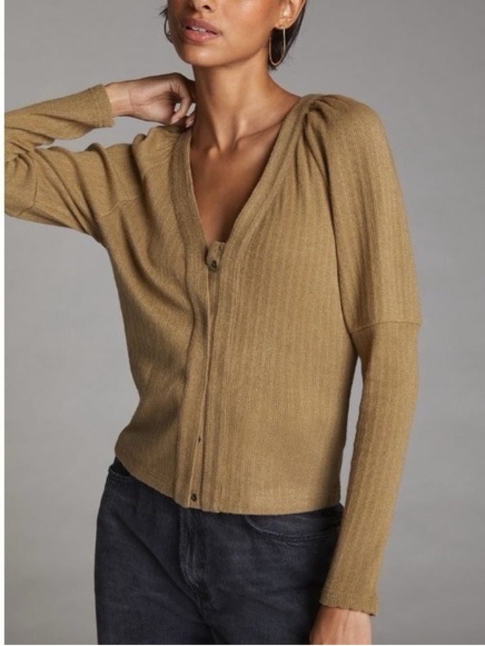 By Anthropologie Women’s Camel Green V-Neck Ribbed Cardigan Button Sweater
